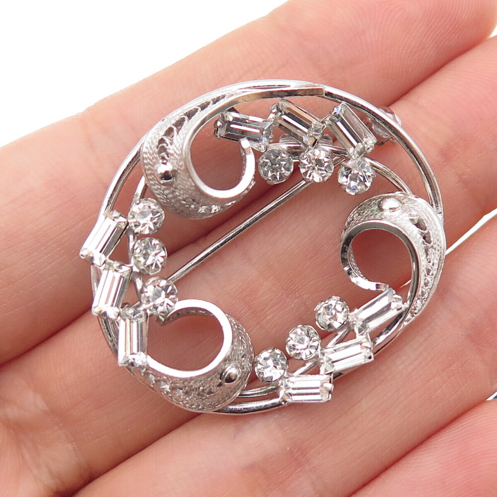 CARL ART Sterling Silver Antique Art Deco Rhinestone Floral Filigree Pin Brooch